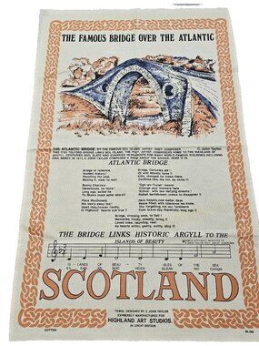 Vtg Tea Towel Made in GB Atlantic Bridge Scotland Hymn Poem C John Taylor Cotton